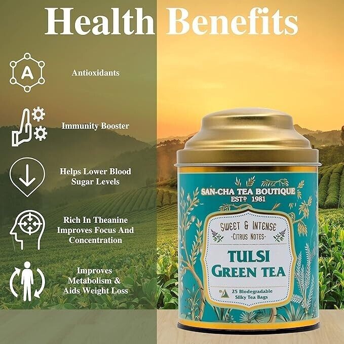 SAN CHA Tulsi Green 25 Pyramid Tea Bags Sweet Citrus Aroma, Natural Detox Tea