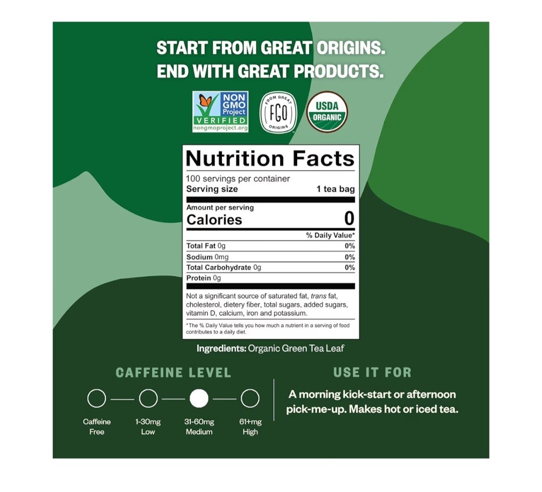 FGO Organic Green Tea Bags Bagged USDA Organic Non-GMO 100 Count 7oz 200g