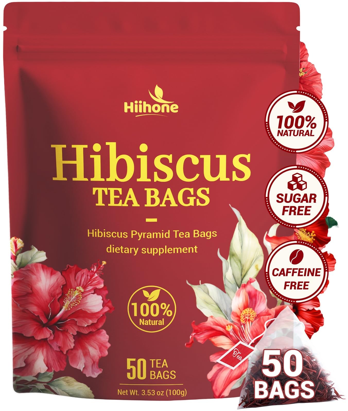 Hibiscus Tea Bags, Hibiscus Flower Herbal Tea Caffeine & Sugar Free, 50 Teabags