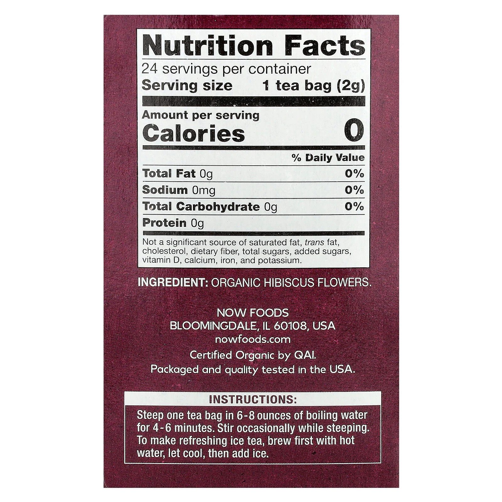 Organic Hibiscus Tea, Caffeine Free, 24 Tea Bags, 1.7 oz (48 g)