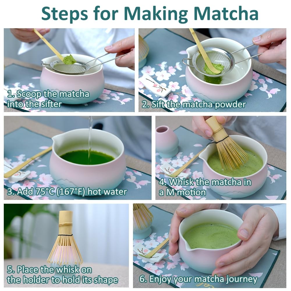 Matcha Whisk Set Japanese Tea Ceremony Kit 18 Oz Bowl 8 Pc Pink Green