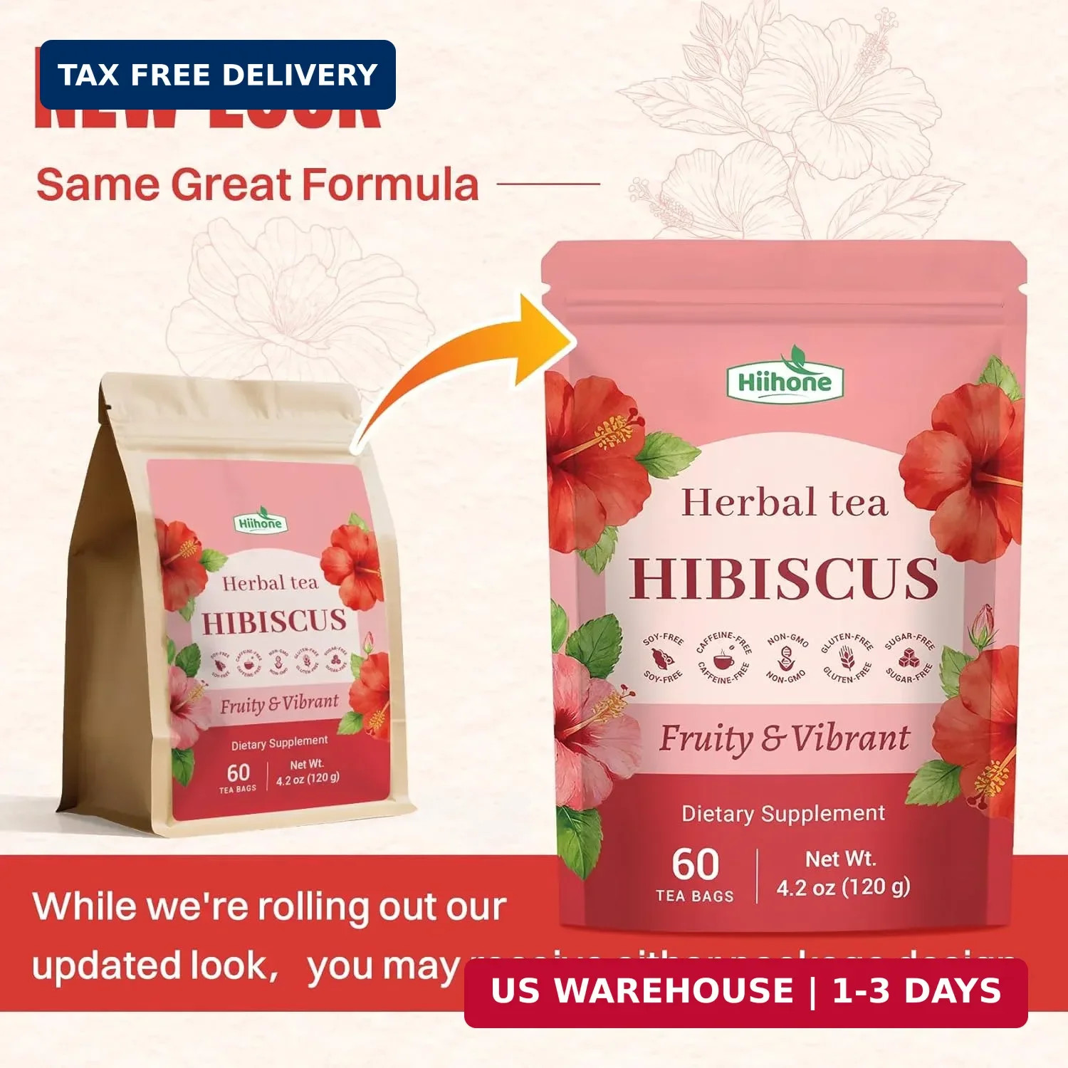 Hiihone Hibiscus Tea Bags 60 Count – Pure Hibiscus Flower Herbal Tea, Caffeine-F