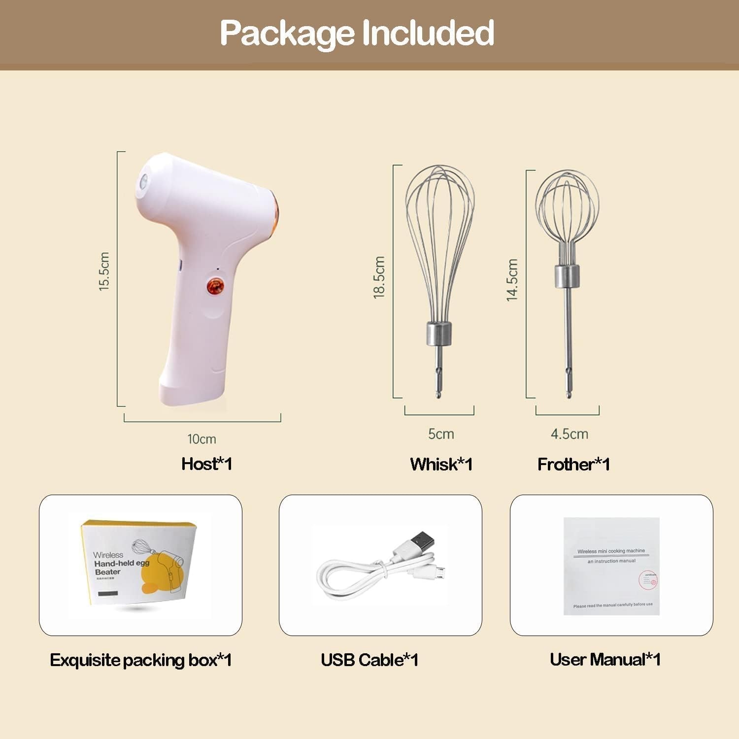 Electric Hand Whisk, USB Rechargeable, Wireless Portable Egg Beater M, White