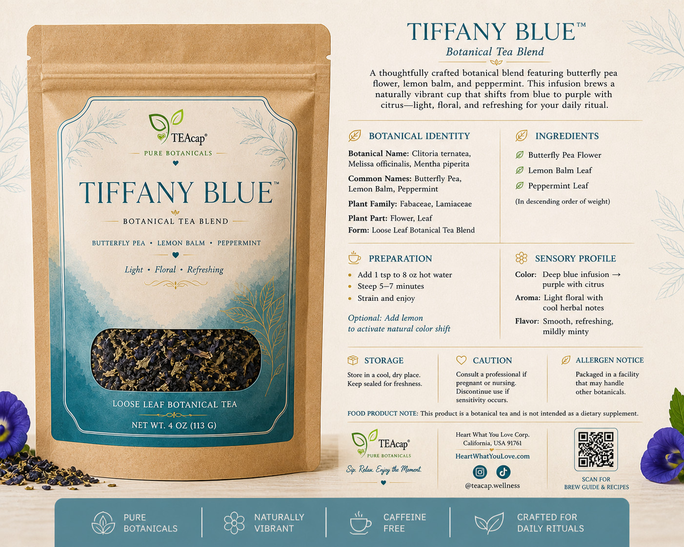 Gourmet Loose Tea A Blend of Peppermint, Butterfly Pea Flower Lemon Balm 3.5 OZ