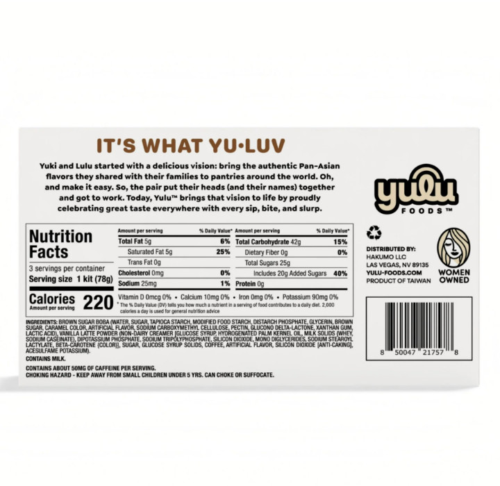 Yulu Foods Instant Boba, Vanilla Latte Bubble Tea Kit, 3 Drinks