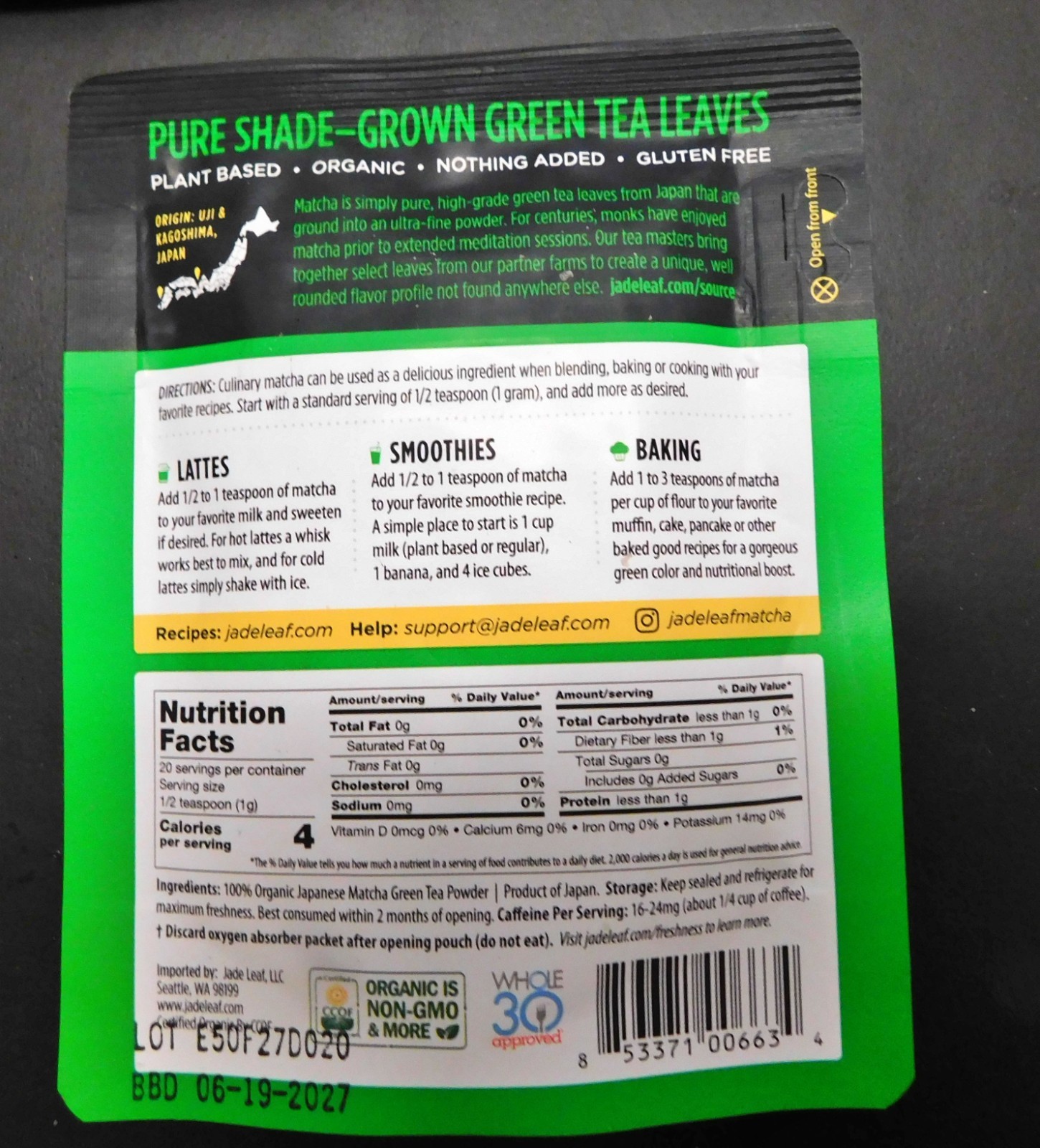 Jade Leaf Matcha, Organic Japanese Culinary Matcha, Powdered Tea, 0.7 Oz