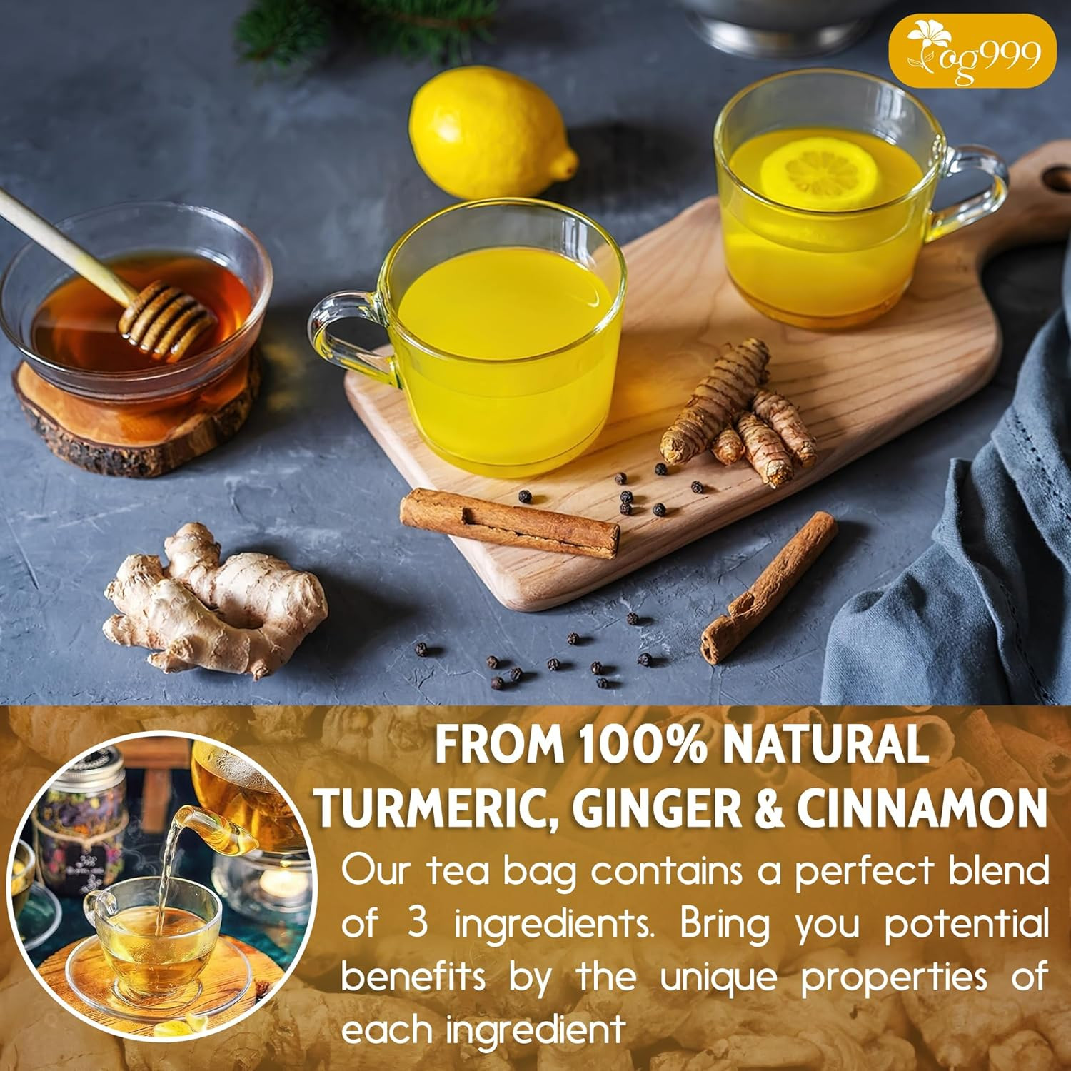 , 30 Bags Premium Turmeric Ginger Cinnamon Tea, Improve Digestion, Support Brain