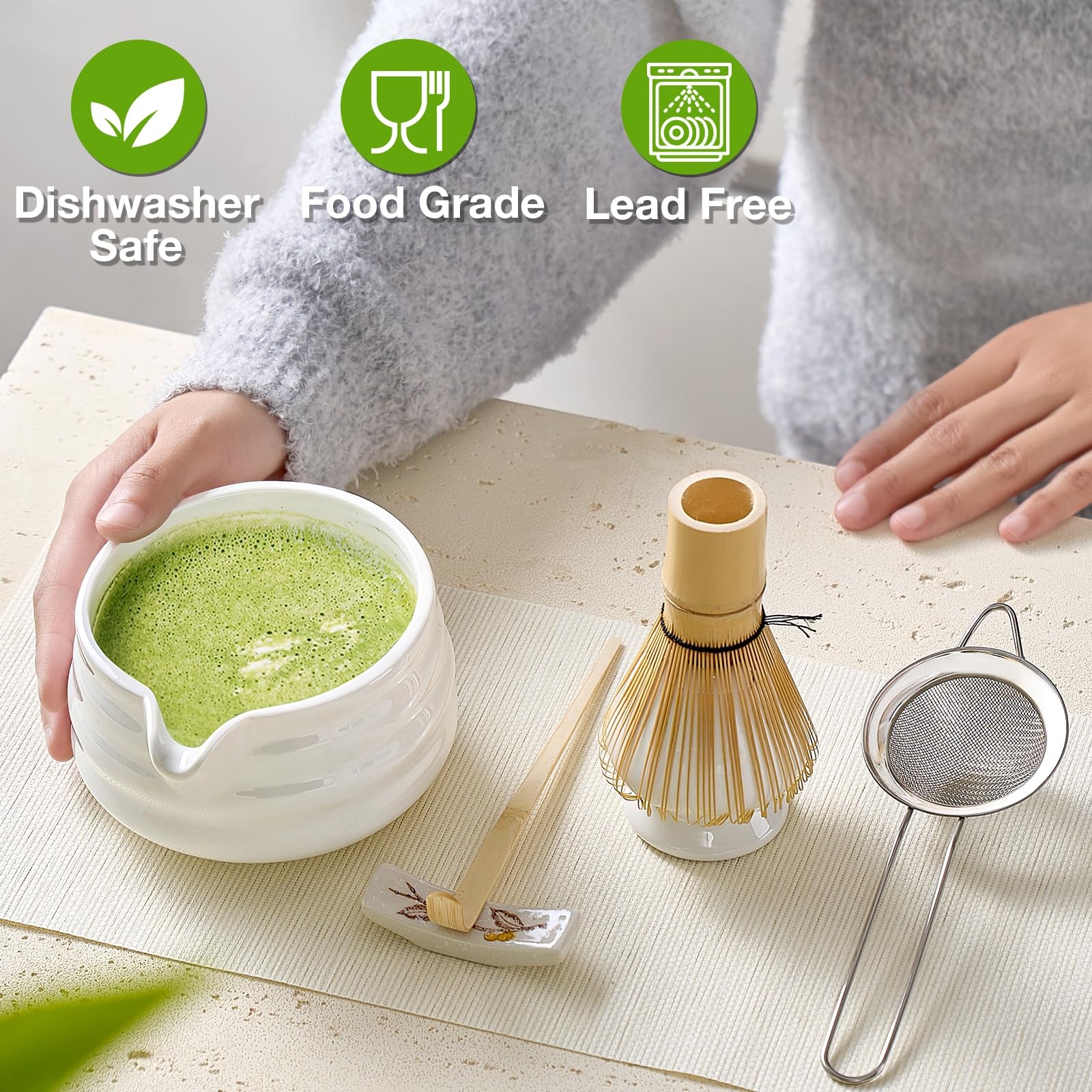 Matcha Whisk Set, Japanese Tea Set (5pcs) includes Matcha Bowl with Spout (19…