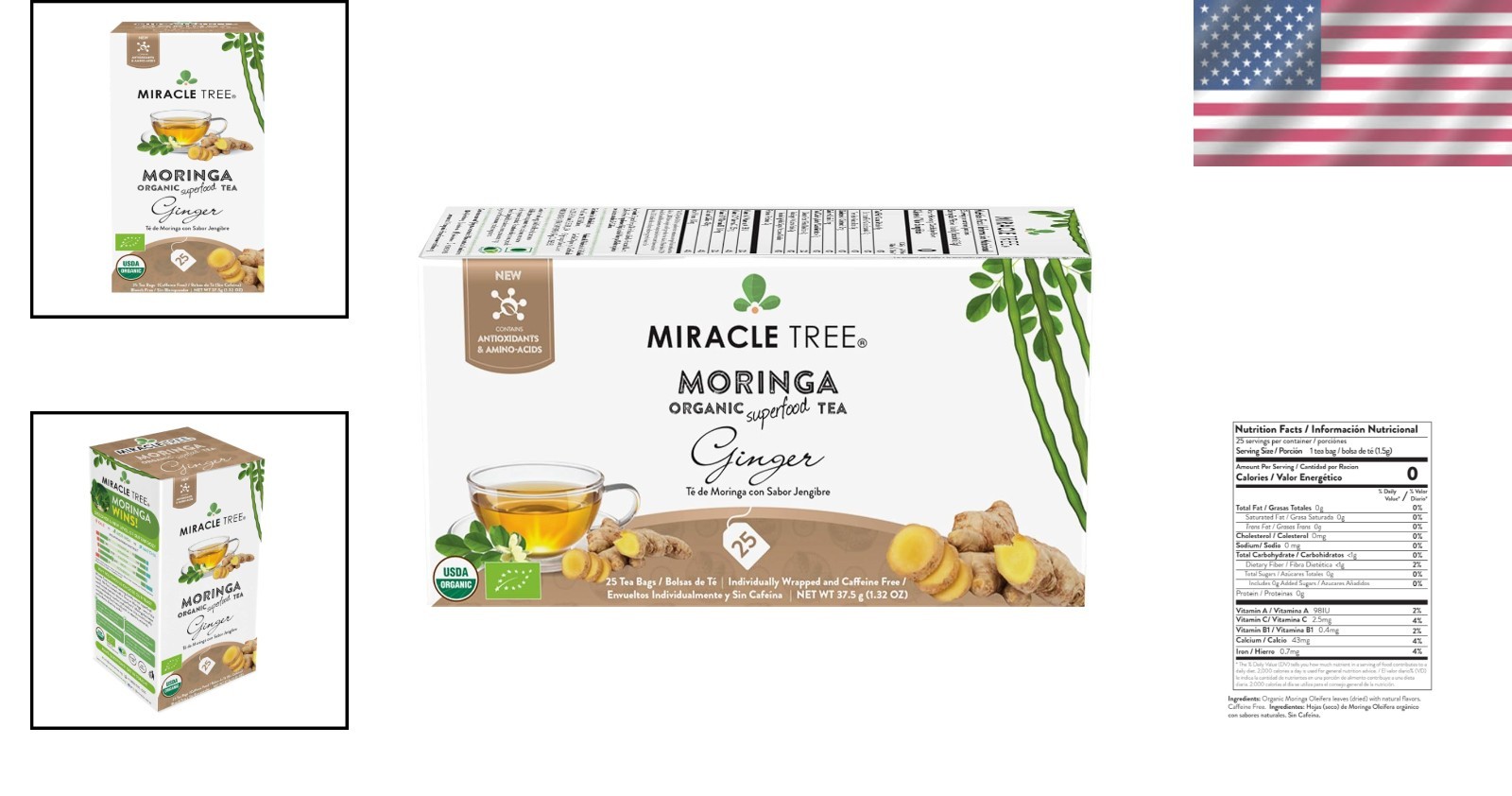 Organic Moringa Tea, 25 Count – Ginger Flavor, Detox & Stress Relief