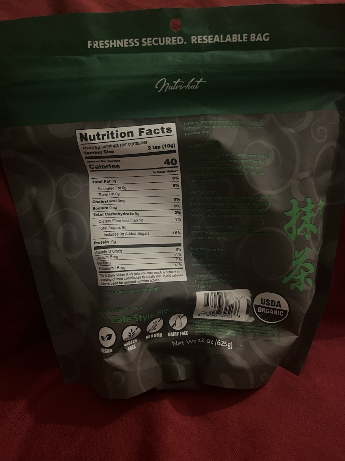 Nutri-Hut Organic Sweet Matcha Premium Grade Green Tea USDA Organic 22oz 62 Srvg
