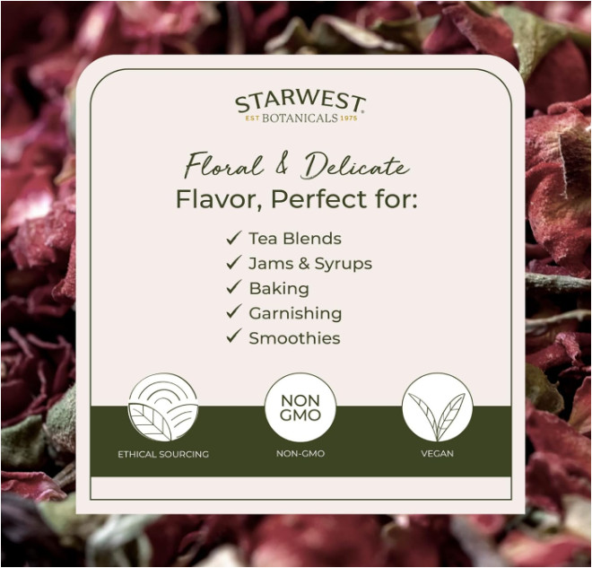 Starwest Dried Red Rose Buds & Petals Tea – Organic – Edible 1 lb. EXP. 11/2027