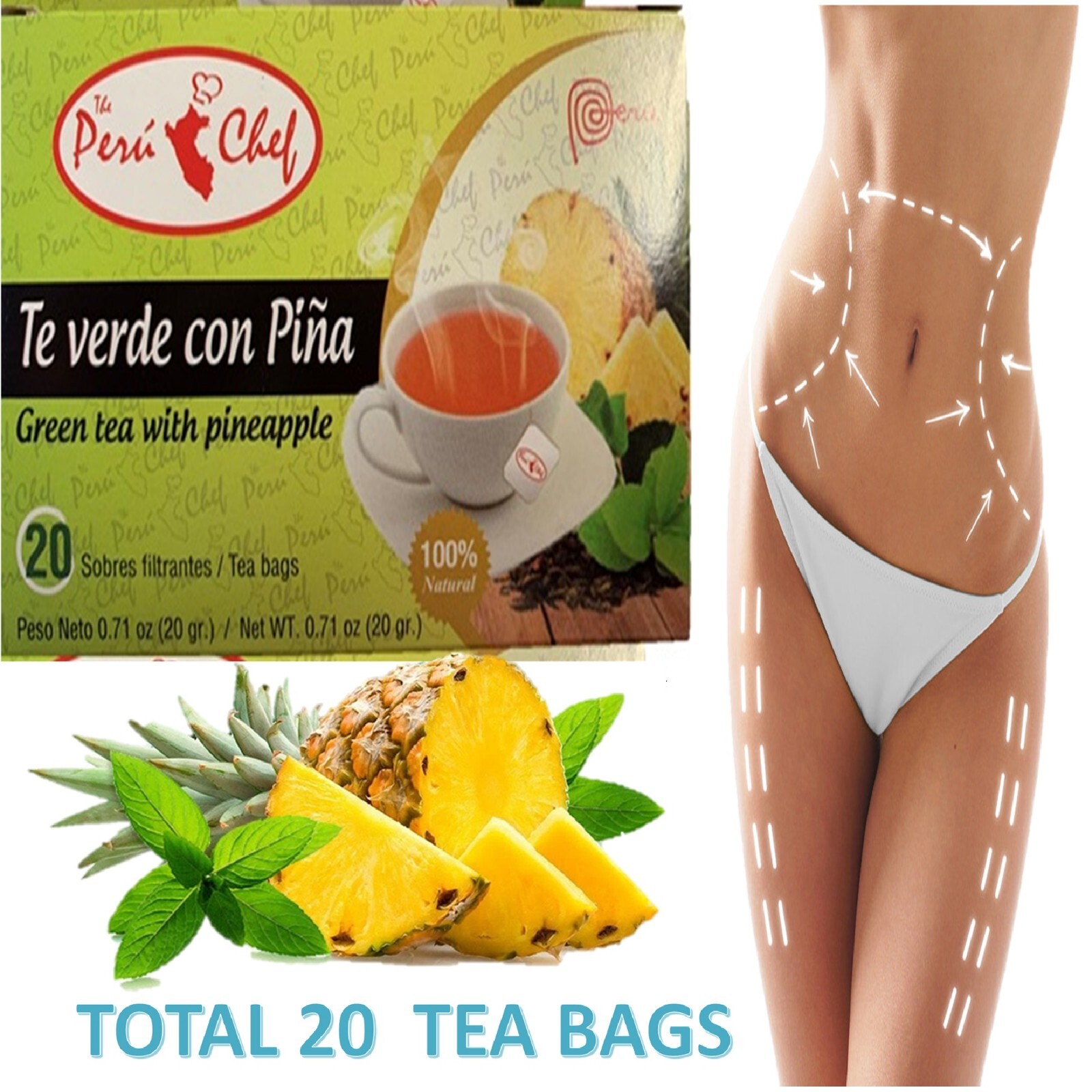 Pineapple Tea with Green Tea Fenugreek Hindu / Te Verde Pina 20 bags tea