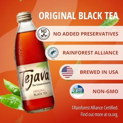 Tejava Unsweetened Black Iced Tea, 24 Pack 12oz Bottles, No Sugar.