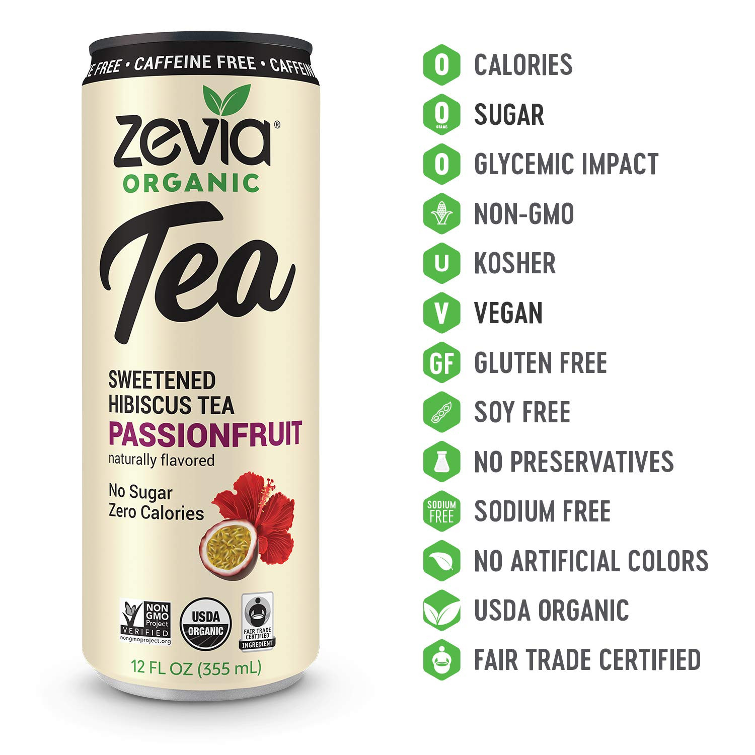 Zero Sugar Tea, Hibiscus Tea with Passionfruit Caffeine Free, 12 oz Cans (12-Pac