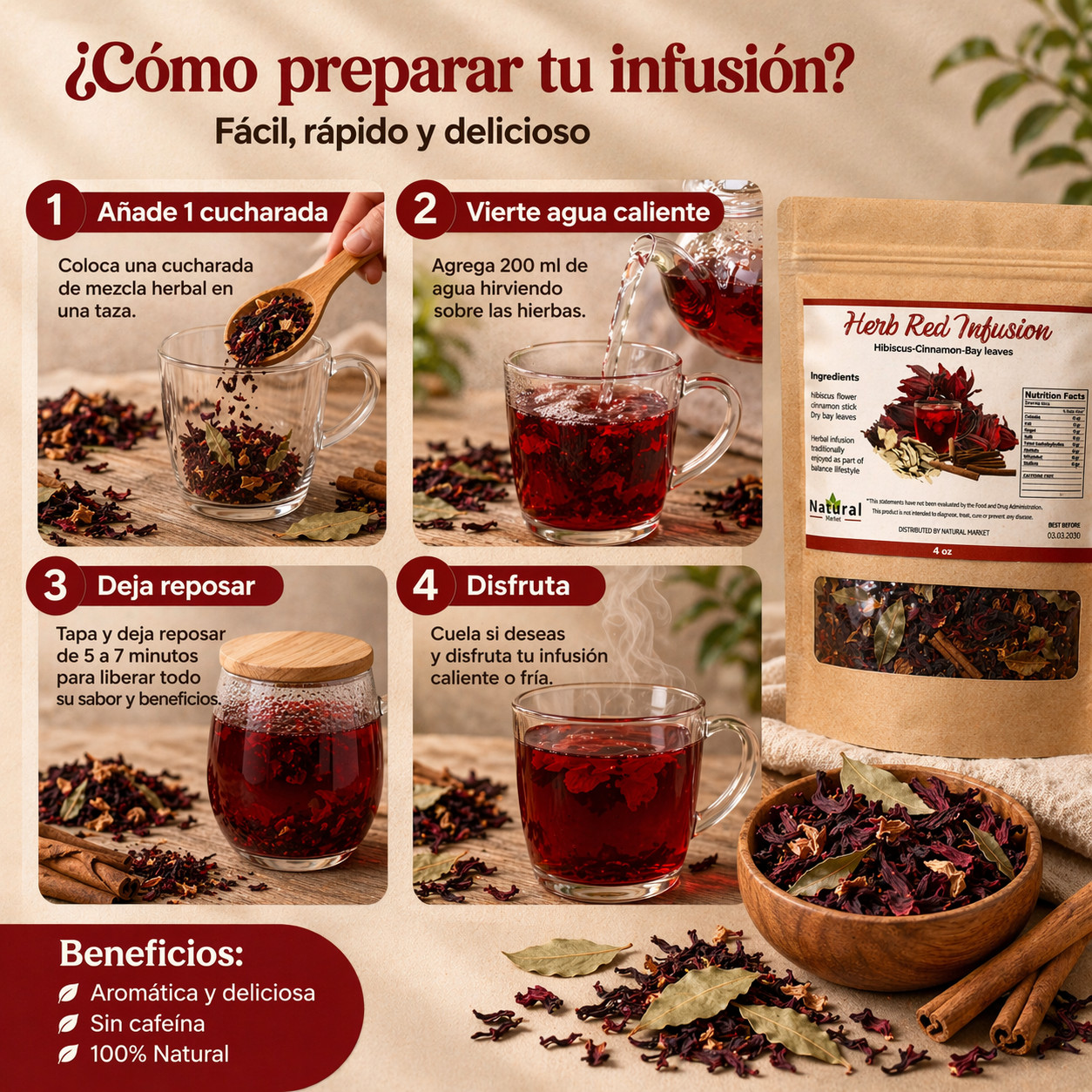 Infusion de Jamaica con Canela y Laurel – 4oz Hibiscus, Cinnamon & Bay Leaf Herb