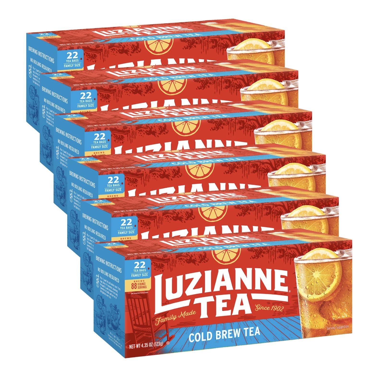 Luzianne Unsweetened Cold Brew Black Iced Tea Bags Family Size, 22ct Box Pack