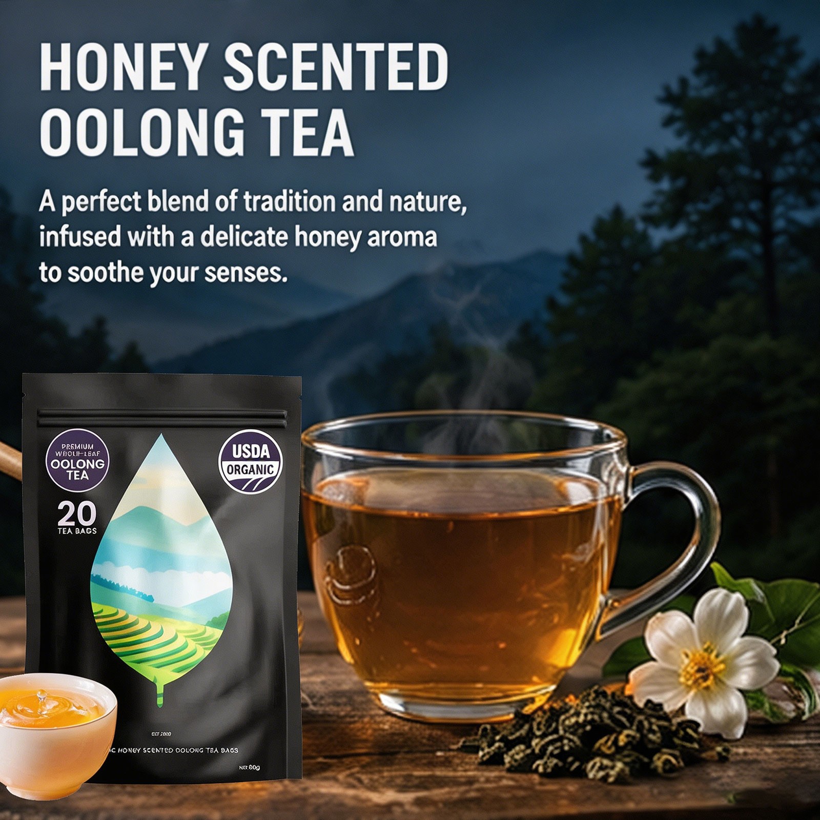 PiPi Tea Organic Oolong Tea Bags – Whole Leaf, 20 Bags (4g Each) – Cortisol &Ca1