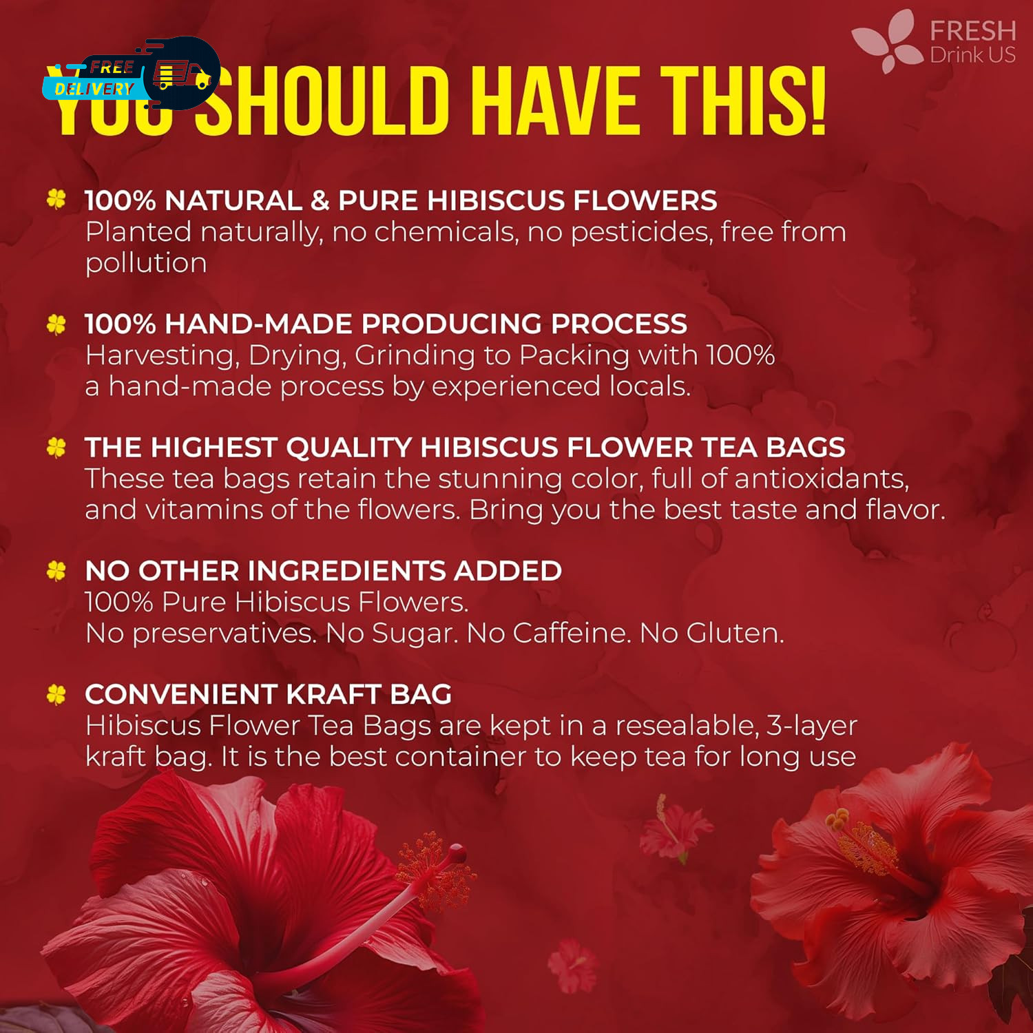 140 Hibiscus Flowers Tea Bags 100% Natural, Pure from Hibiscus Flowers.