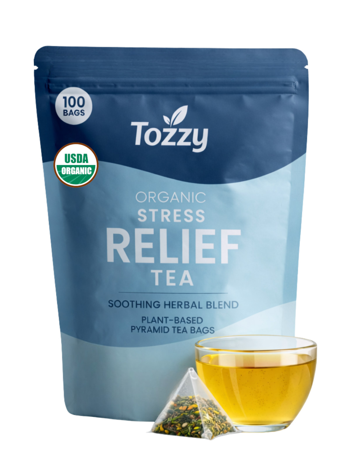 Organic Stress Relief Tea-Calming Relaxing Tea- 100 Plant-Based Pyramid Tea Bags