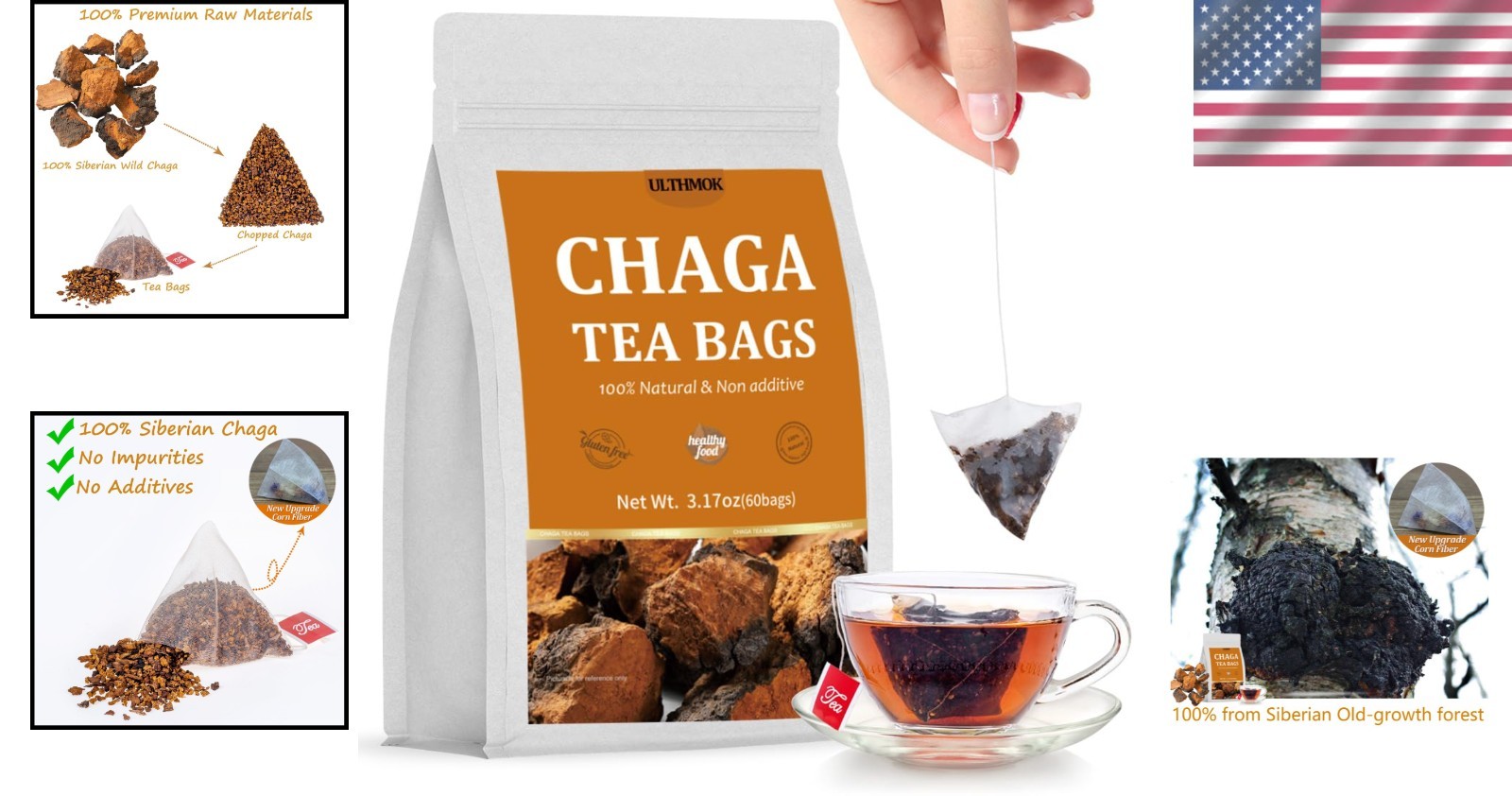 60 Chaga Tea Bags – 100% Pure Siberian Mushroom, Caffeine-Free Delight