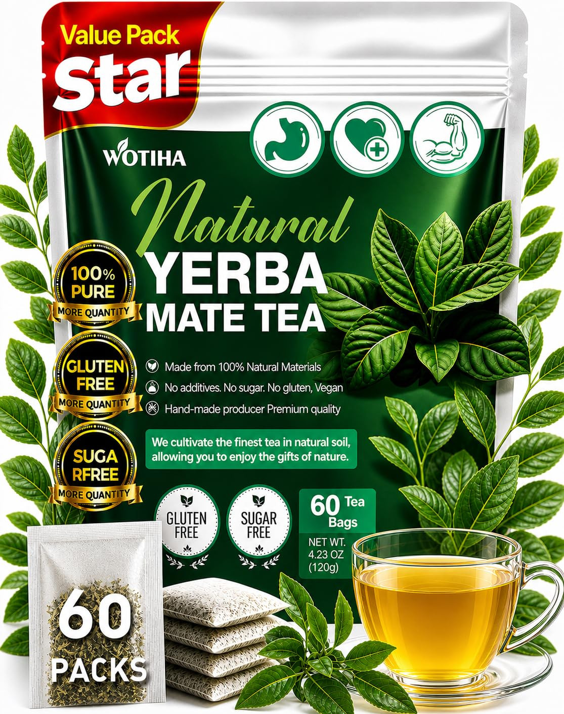 60 Count Premium Unsmoked Yerba Mate Tea Bags – Sourced from Argentina, 100% Pur