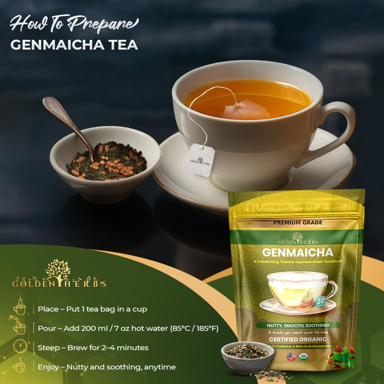 Golden Herbs Japanese Genmaicha Green Tea – Premium Roasted Brown Rice Blend