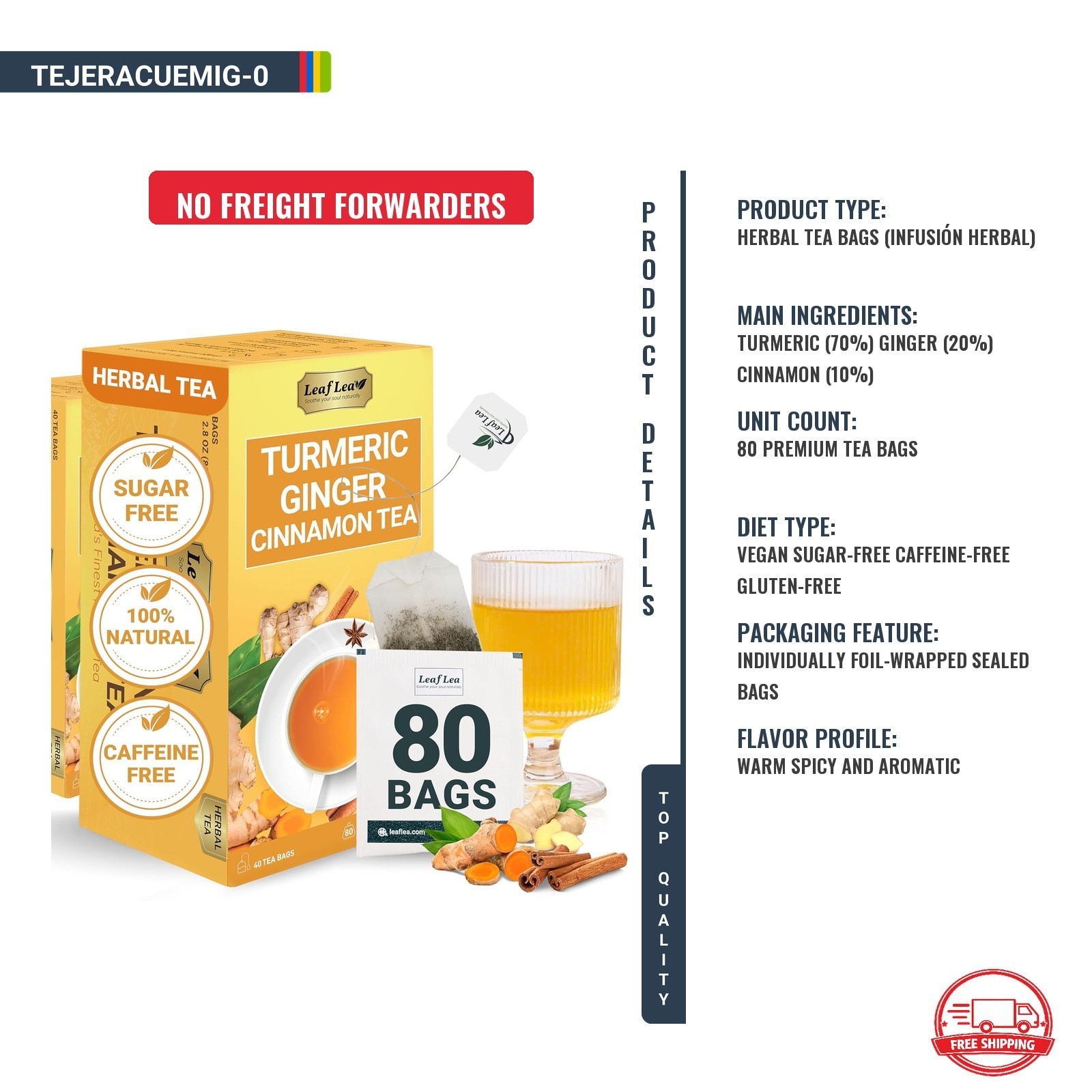 Te de Curcuma con Jengibre y Canela Infusion Natural Sin Cafeina 80 Bolsas