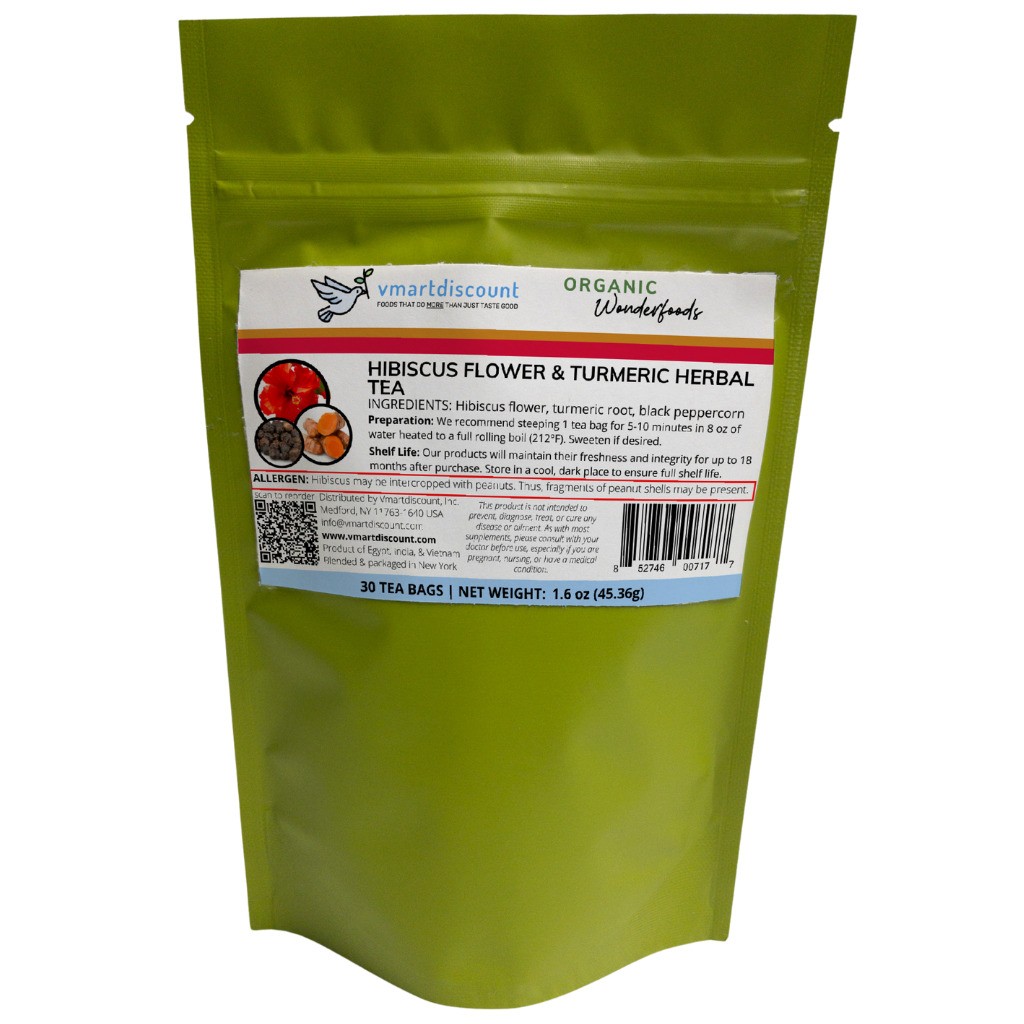 Hibiscus Flower Turmeric Root Herbal Tea 30Tea Bags, All Natural, Caffeine-Free
