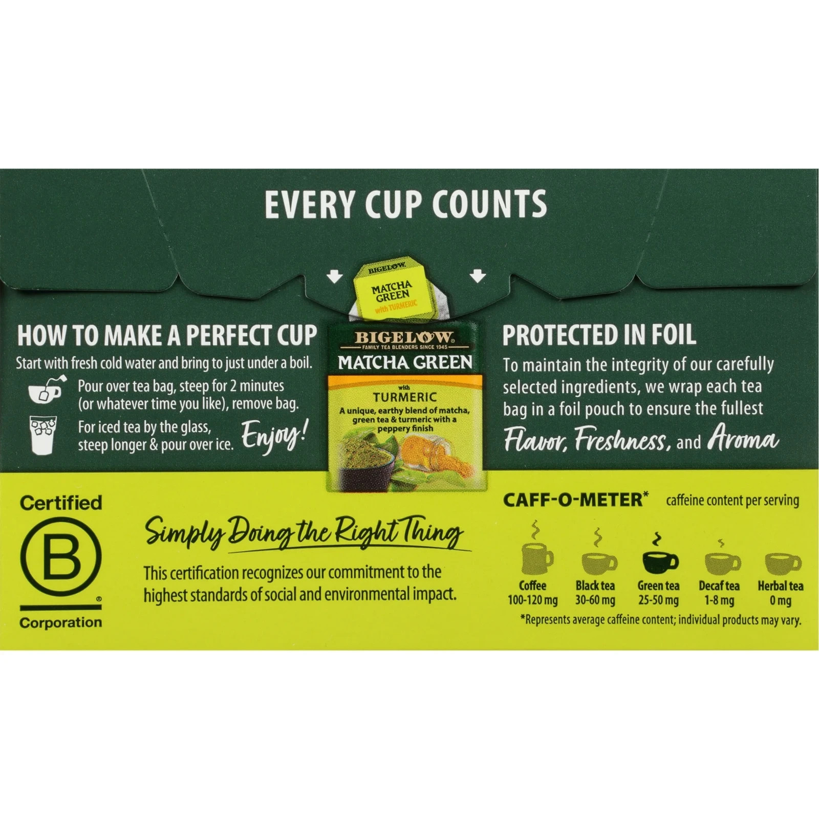 Bigelow Matcha Green Tea with Turmeric, Green Tea Bags, 18 Count