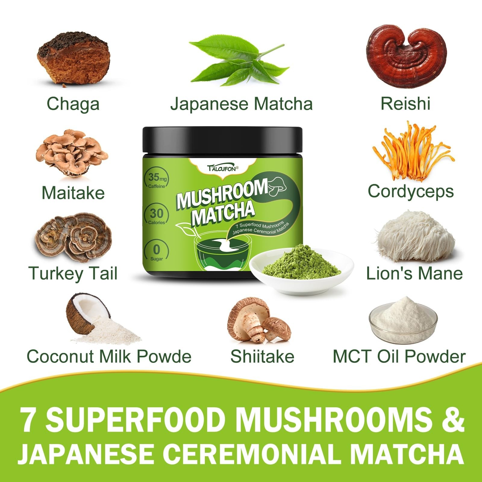 2 TALCUFON 7 Mushroom Japanese Matcha Hot or Cold Latte 4.23 Oz, 7 Superfood GF
