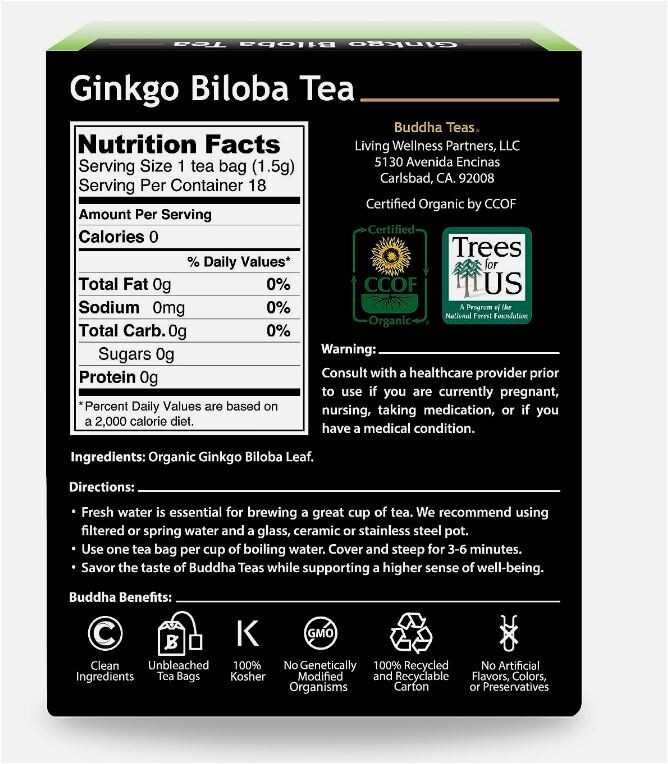 Buddha Teas Organic Ginkgo Biloba Tea – Kosher – Organic – Caffeine Free 18 bags