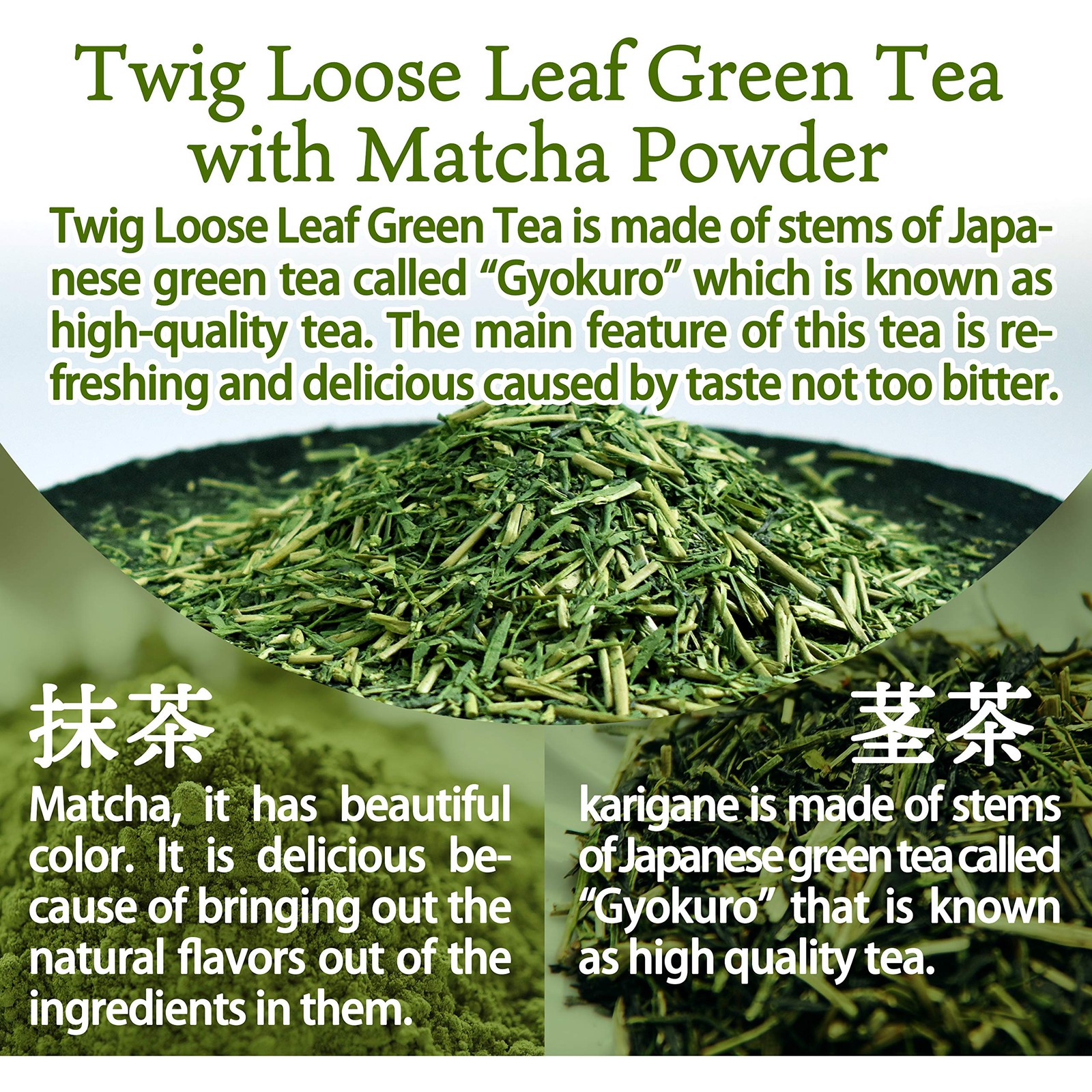 Organic Green Tea, Kukicha Twing tea with Matcha Green Tea Powder, Japanese Tea