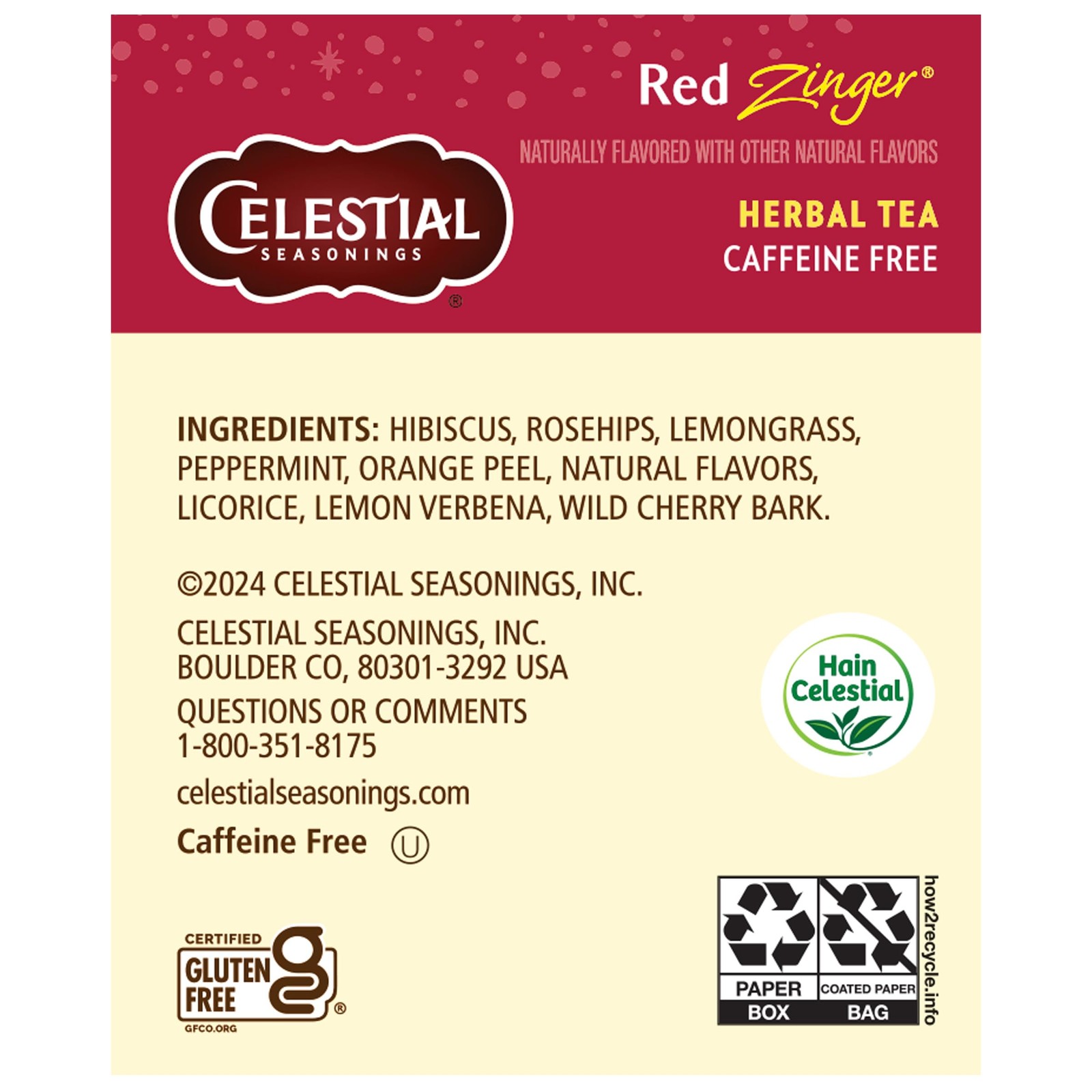 Celestial Seasonings Red Zinger Herbal Tea 20 Count Caffeine Gluten Free Natural