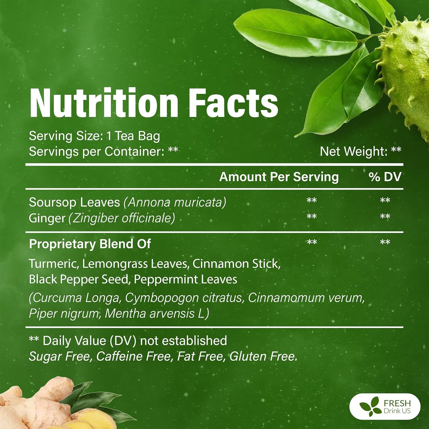 FreshDrinkUS, Super Soursop Herbal Tea – 60 Tea Bags | Soursop, Ginger, Turmeric
