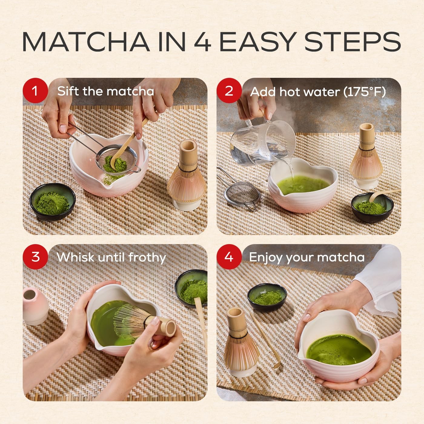 Rehny’s Matcha Whisk Set | Complete Pink Matcha Set w/Heart-Shaped Bowl, Whis…