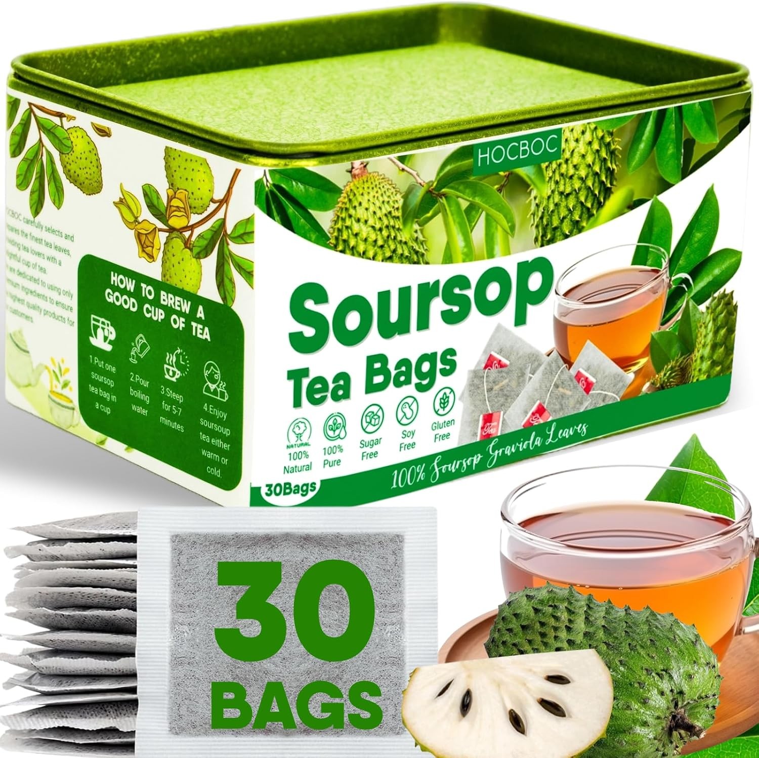 30 Pure Soursop Leaves Tea Bags, Natural Soursop Graviola Leaves Teabag,