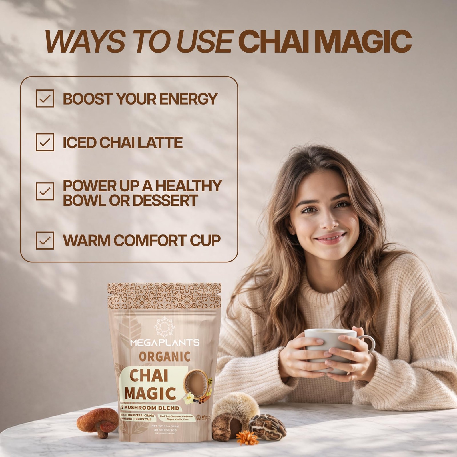 MEGAPLANTS Chai Magic 30 Servings | Superfood 5 Mushroom Powder Blend for Foc…