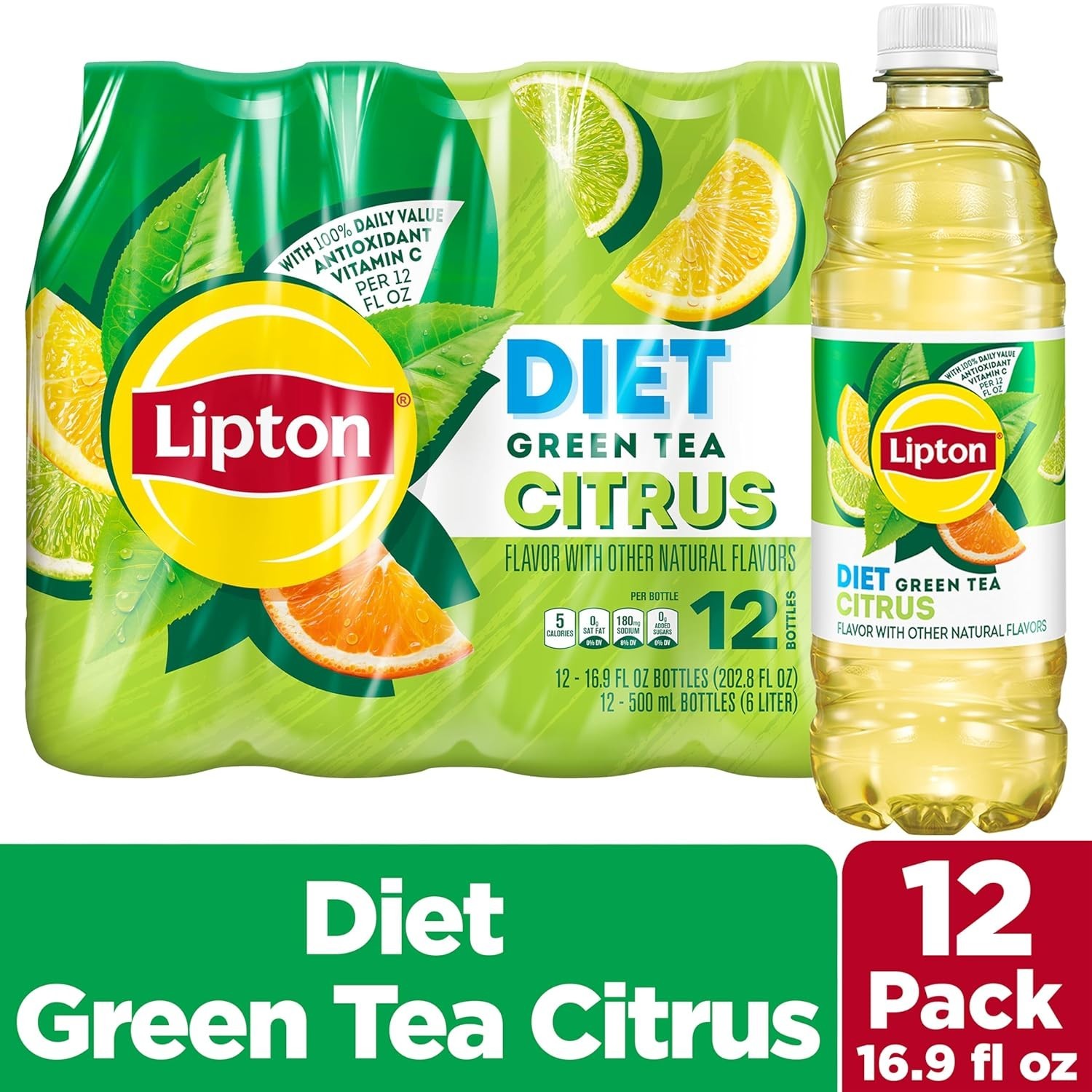 Refreshing Diet Green Tea Citrus, Zero Sugar – 12 Bottles, 16.9 Fl Oz Each