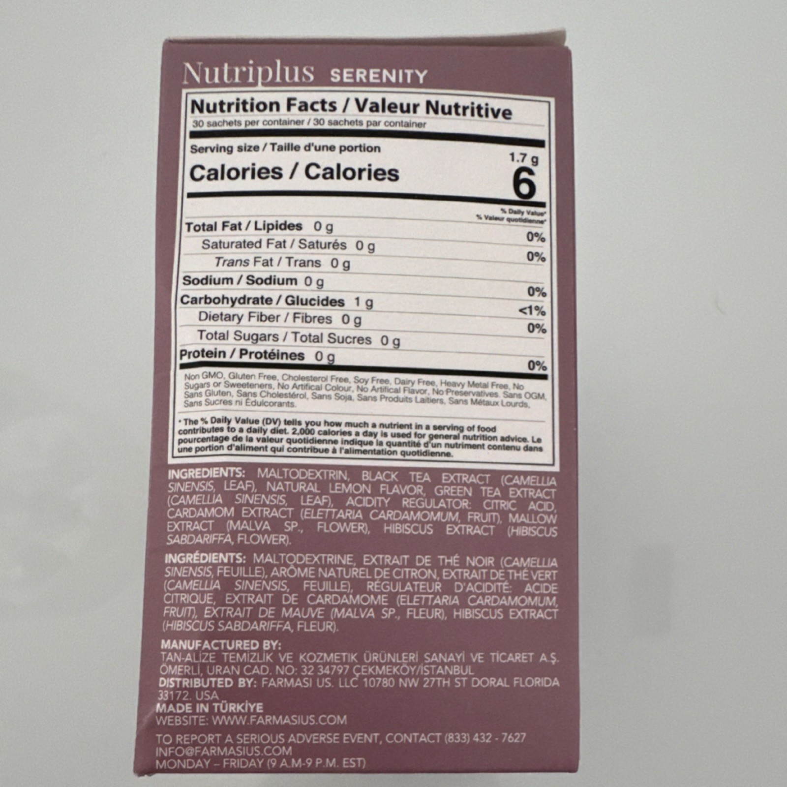 Nutriplus Serenity Herbal Tea Powdered Extract Lemon Flavor 30 Sachets