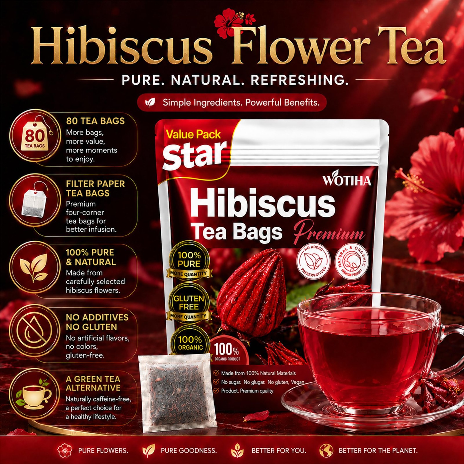 Premium 80 Hibiscus Flower Tea Bags (Flor de Jamaica) – 100% Natural, Tart & …