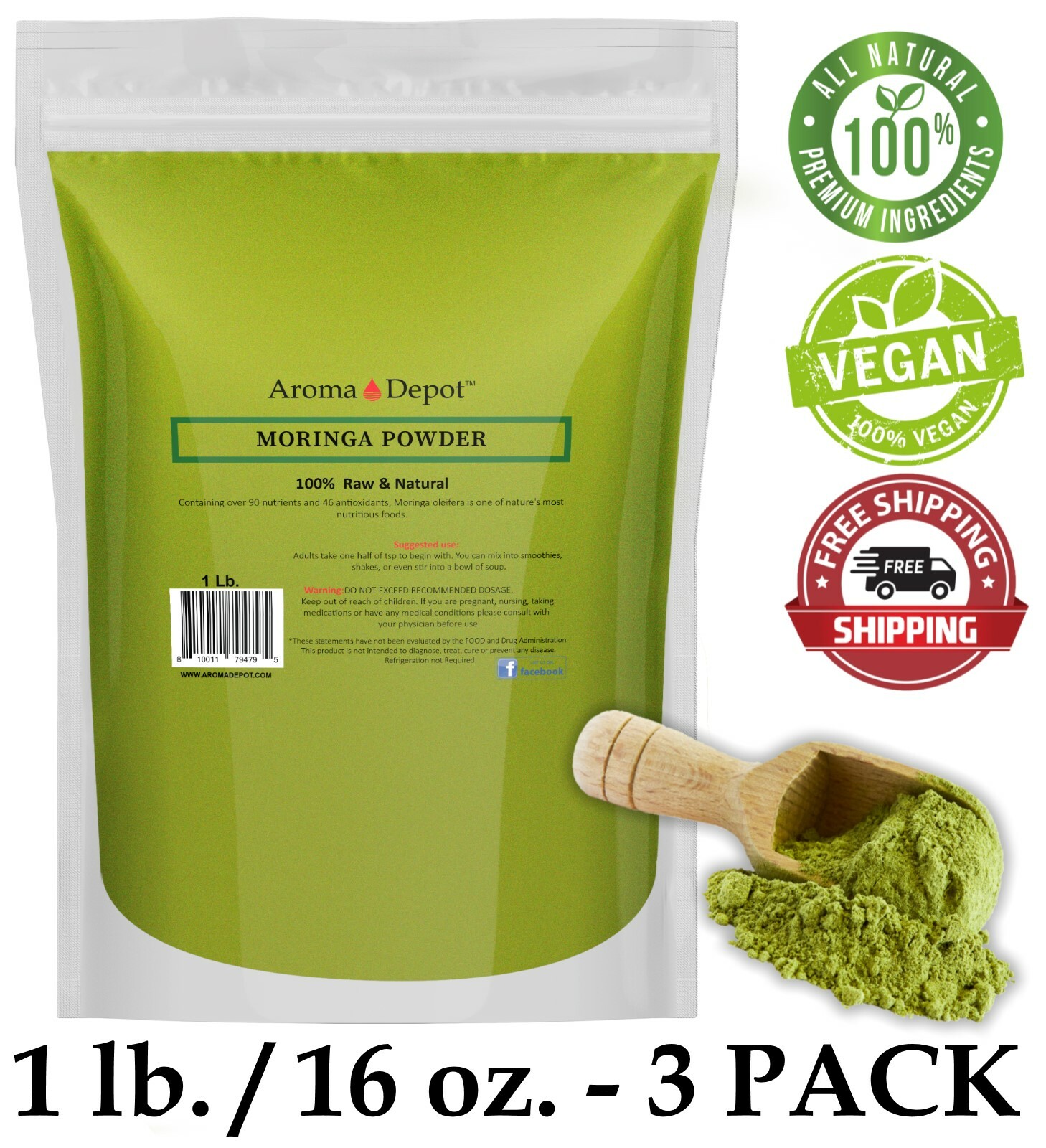 Moringa Leaf Powder 3 lbs. (x3 Individual -1lb) 100% Pure Natural oleifera 3PACK
