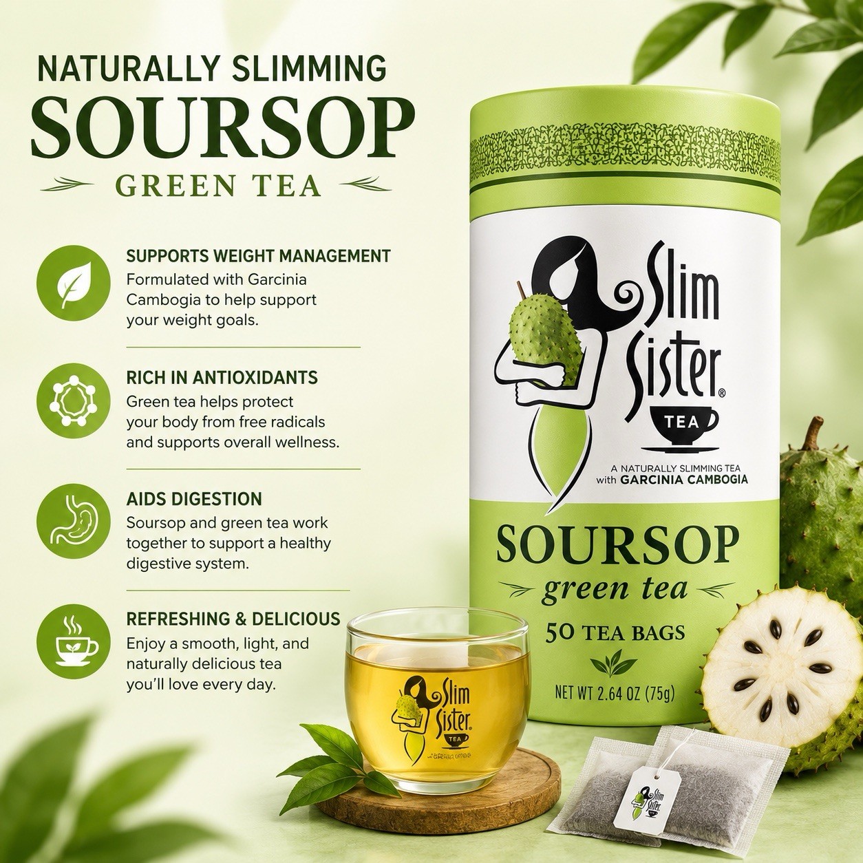 SLIM SISTER TEA SOURSOP GREEN TEA w GARCINIA CAMBOGIA~100 Tea Bags~Exp 11/28 (2)
