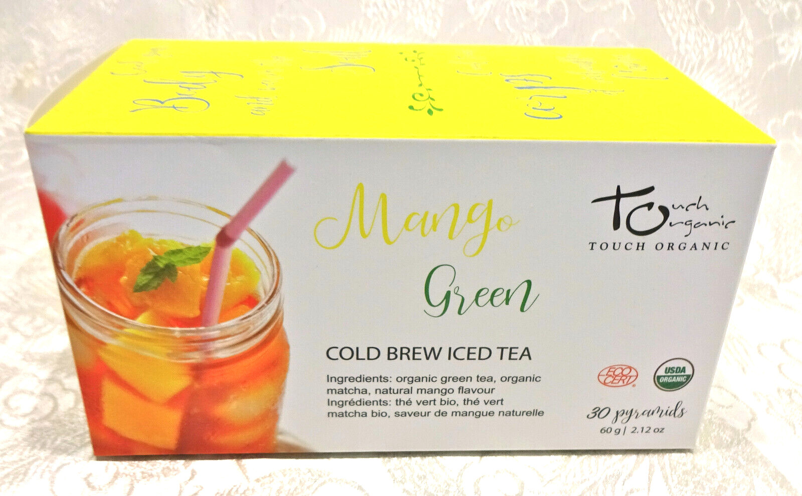 ICED TEA Cold Brew MANGO GREEN Tea w/ Matcha 30 Bags 2.12 oz by Touch Organic