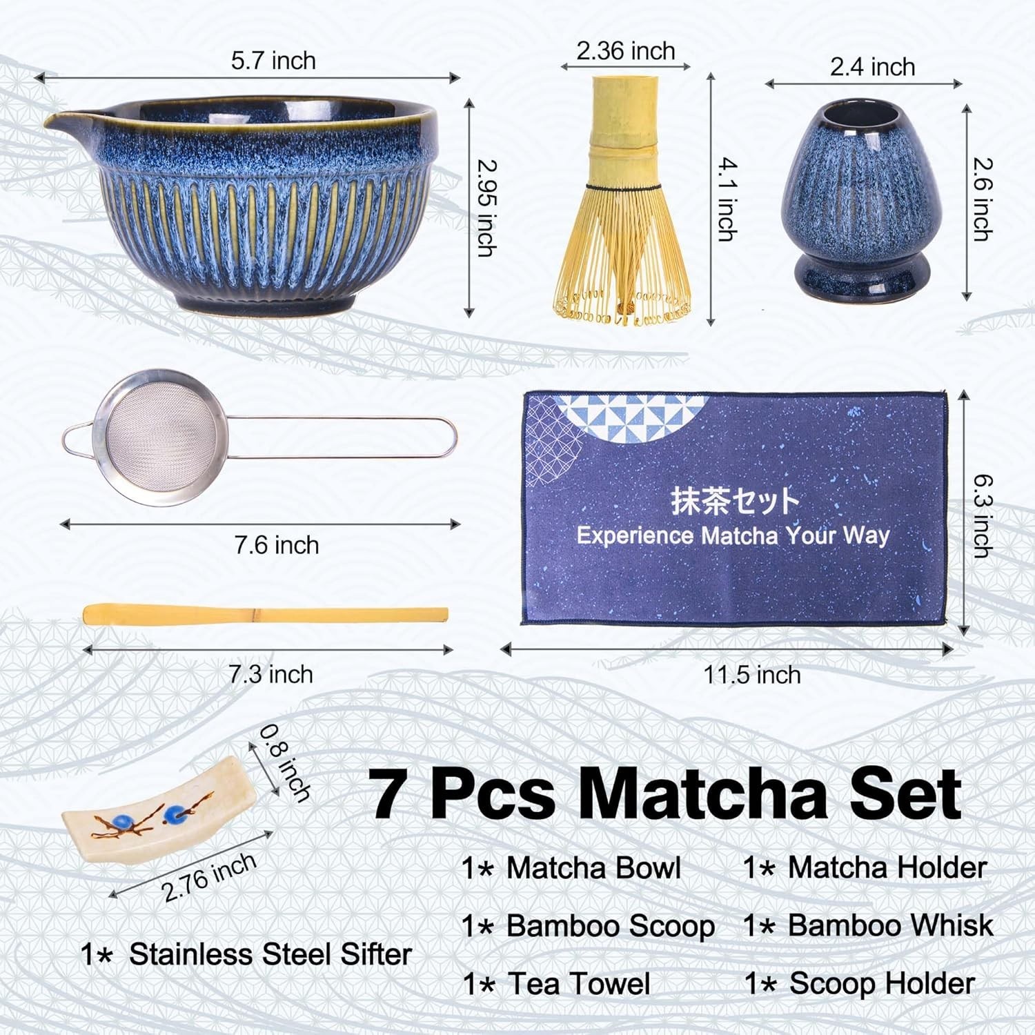 Set Matcha 7 Piezas con Bowl 18oz Batidor Bambú y Accesorios Ceremonia Japonesa
