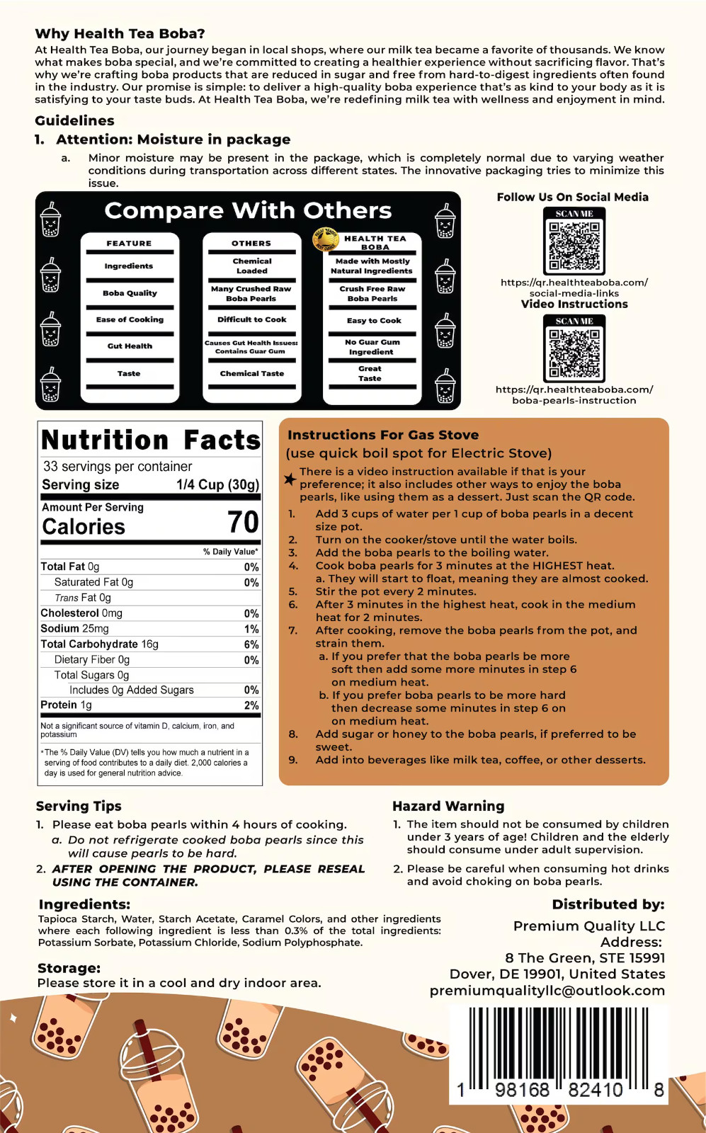 2.2LB Low Calorie 5-Min Cook Natural Sugar-Free Vegan Boba Pearls