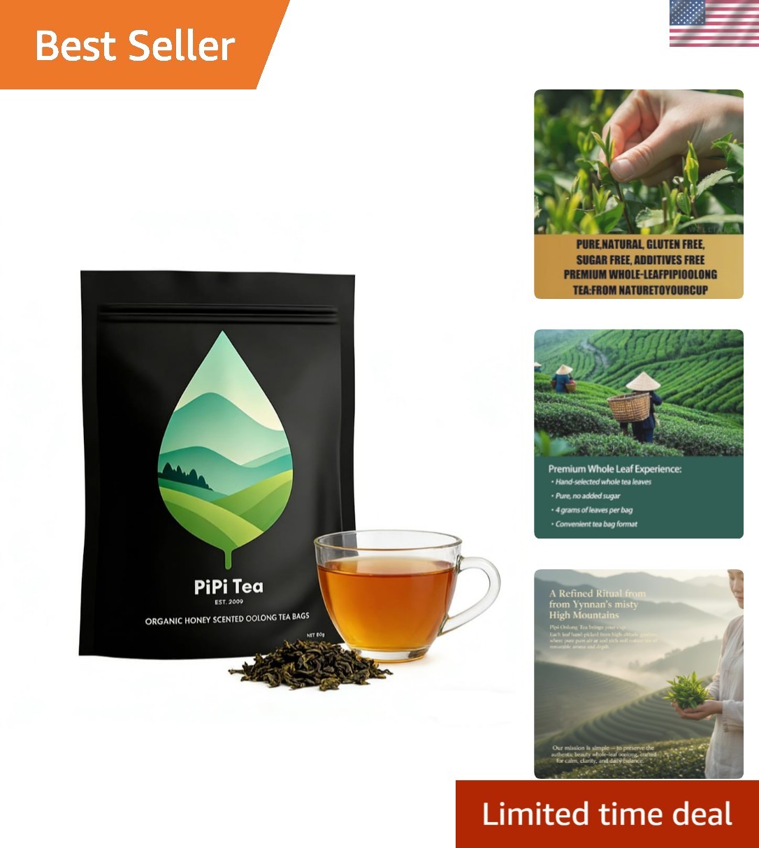PipiTea Organic Oolong Tea Bags – Whole Leaf, 20 bags 4g Selected Tea Leaves …