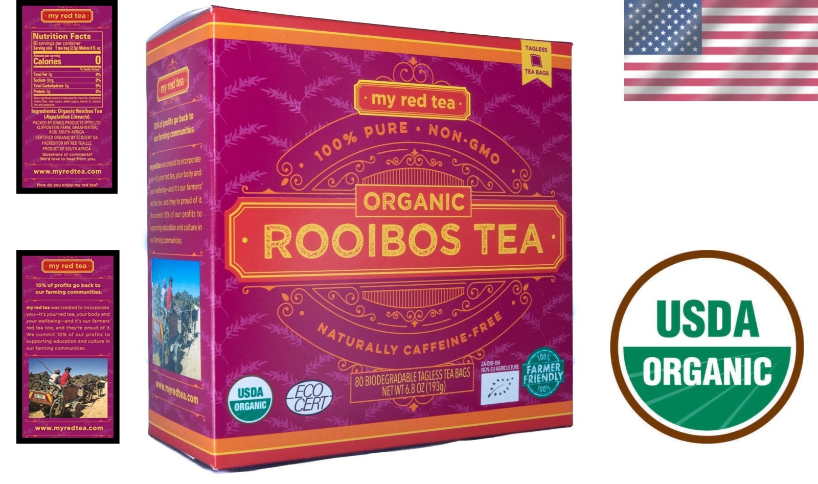 Ethically Sourced Organic Rooibos Tea – 80 Tagless Teabags, High Antioxidants