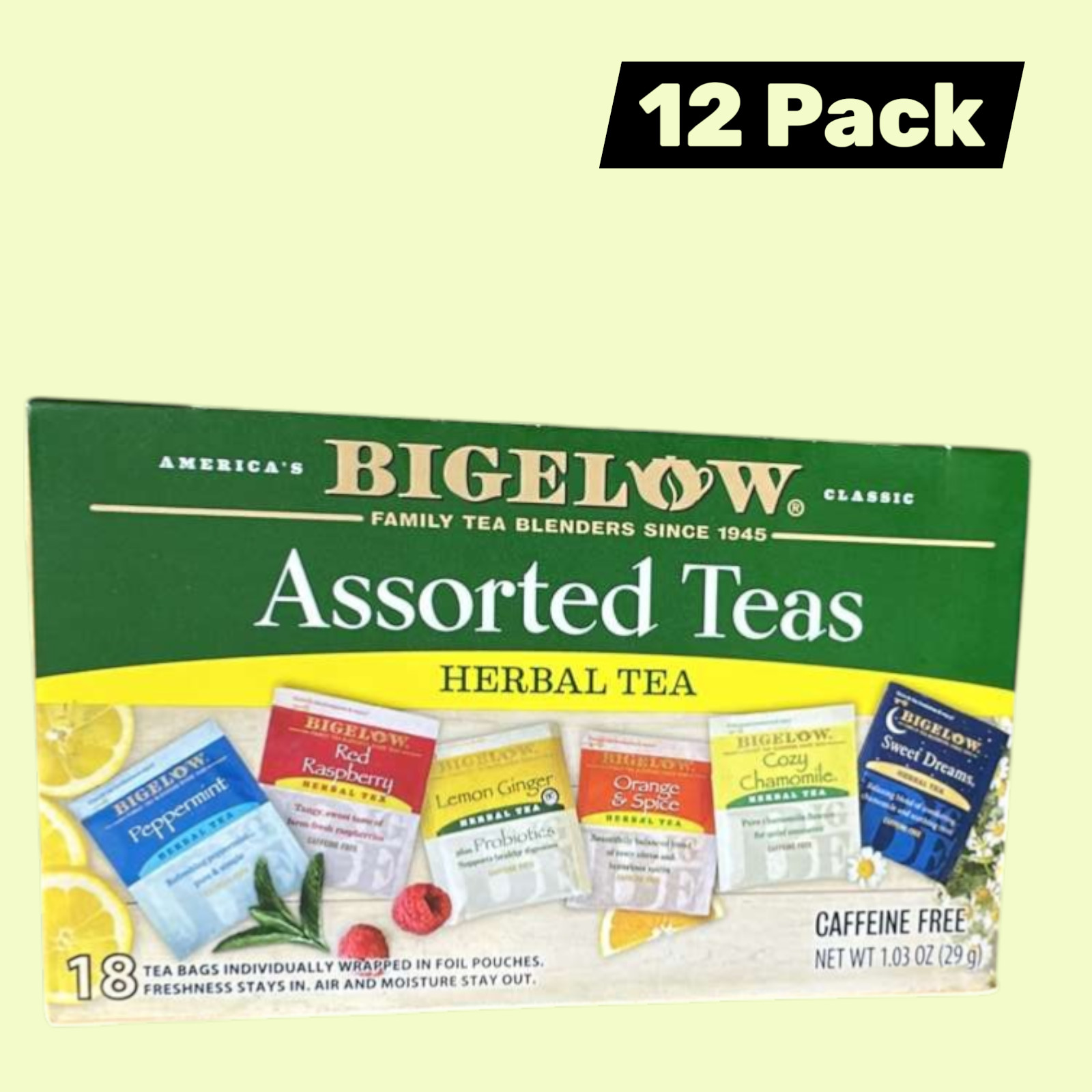 Bigelow Herbal Tea Variety Pack 18 Count Caffeine Free Gluten Free Assorted 12X