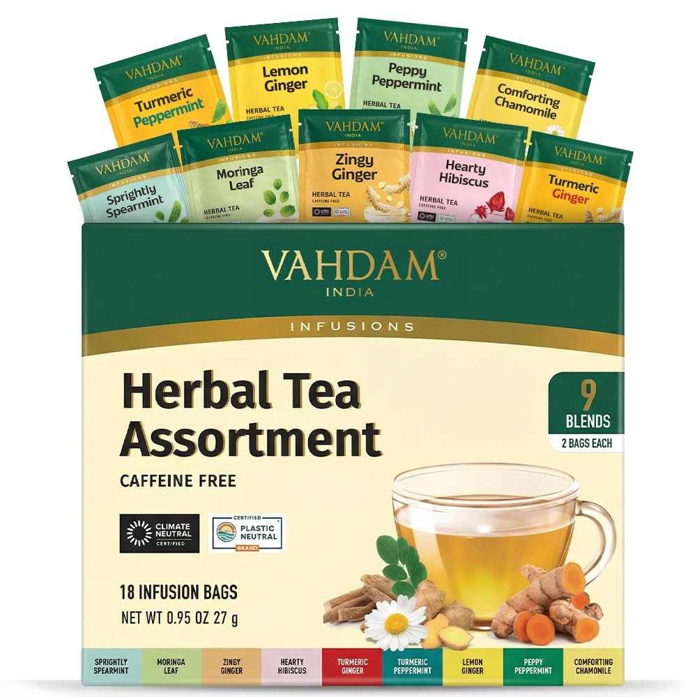 , Assorted Herbal Tea Sampler (18 Tea Bags, 9 Flavors) Caffeine-Free, Non-GMO…
