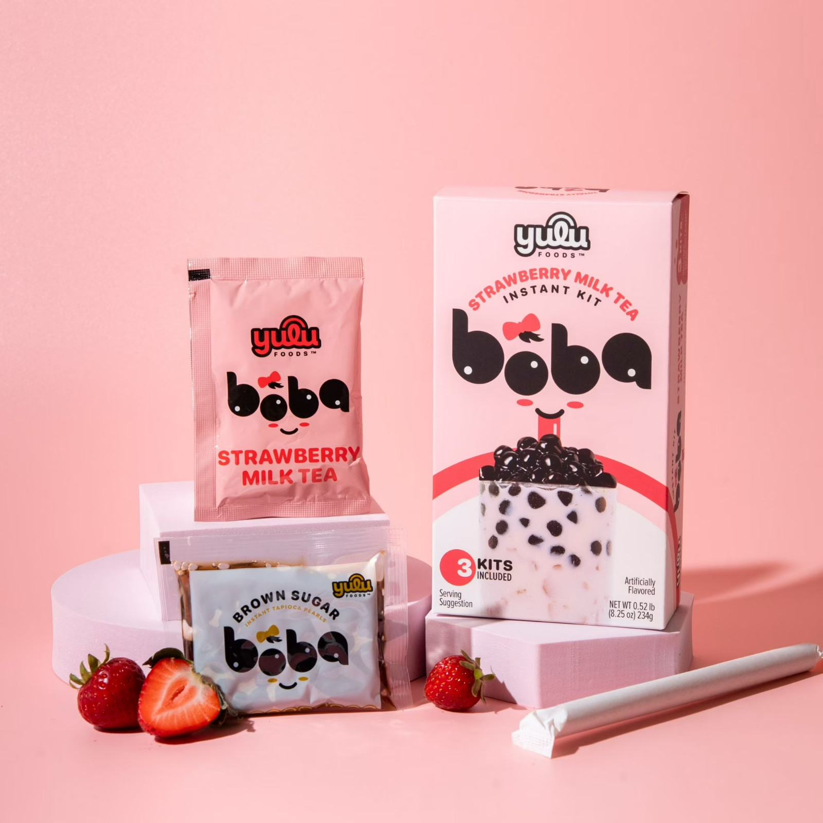 Yulu Instant Boba Strawberry Milk Tea, Bubble Tea Kit, 3 Drinks